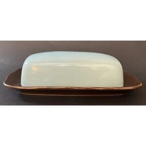 Sango Covered Butter Dish Brown Tray Blue Lid Drip Stoneware Glazed